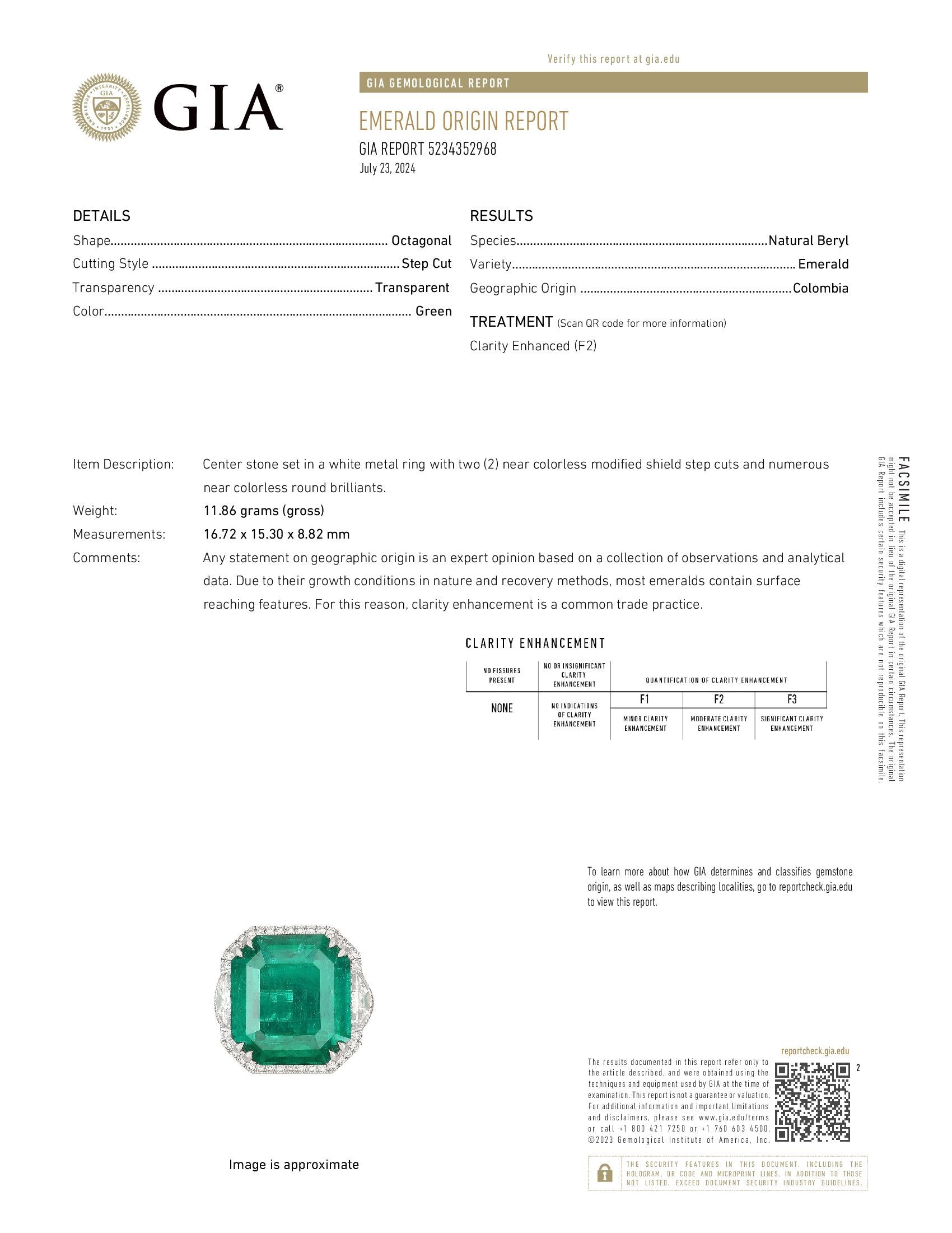 16.81 Carat GIA Certified Colombian Emerald 18K White Gold Ring with VS / F Side Stone.