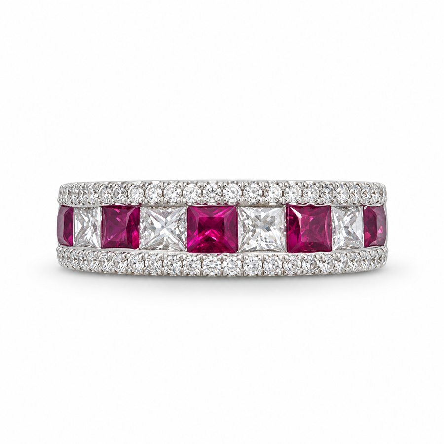 18K White Gold Band with 5 Princess Cut Rubies and Diamonds. (Size 6.00)