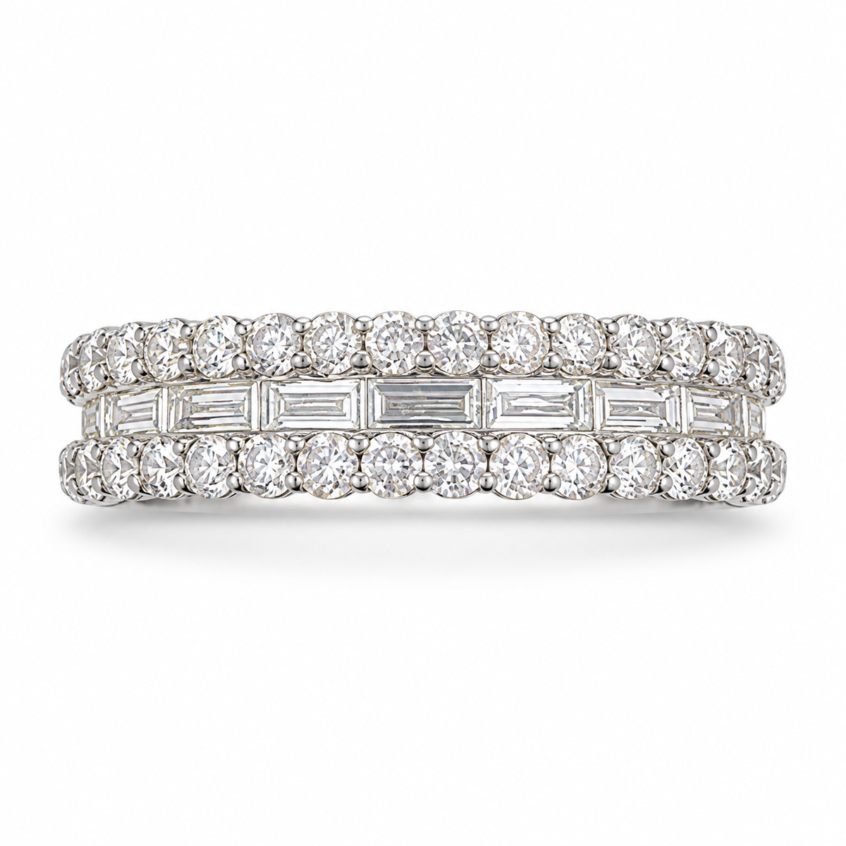 18K White Gold Eternity Band with Round and Baguette Cut Diamonds 2.50 Ct. (Size 7.50)