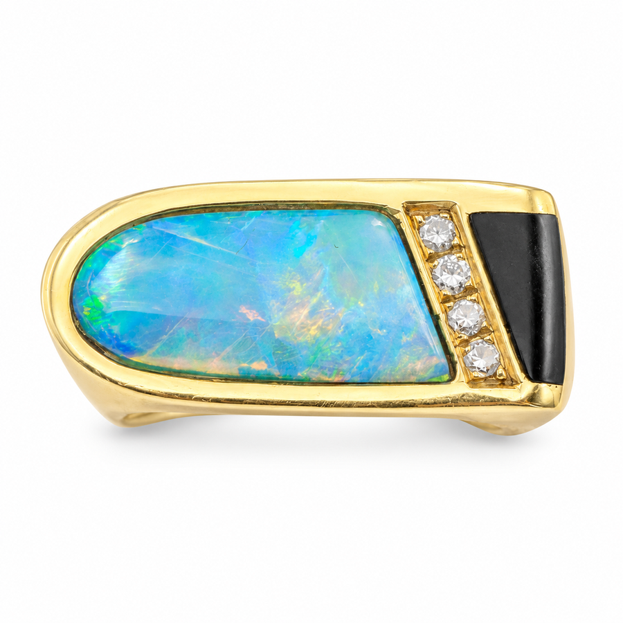 18K Yellow Gold Ring with Australian Opal and Diamonds. (Size 11.75)
