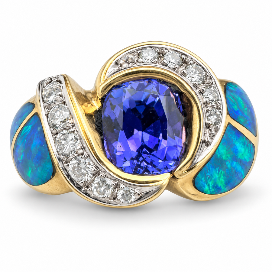 18K Yellow Gold Ring with Australian Opals Tanzanite and Diamonds. (Size 6.00)