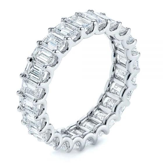 18K White Gold 4.27 Total Carat Weight Emerald Cut Diamond Eternity Band Engagement Ring.