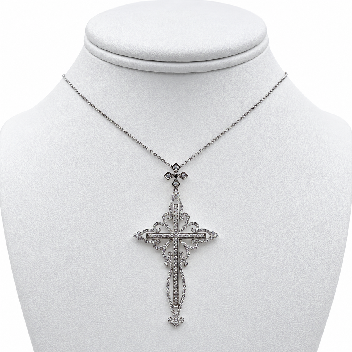 18k White Gold Cross Pendant with Diamonds and 15" Necklace.