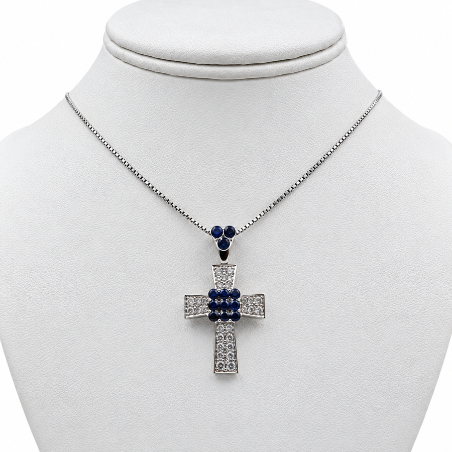 18k White Gold Cross Pendant with Diamonds and Sapphires with 14" Necklace.