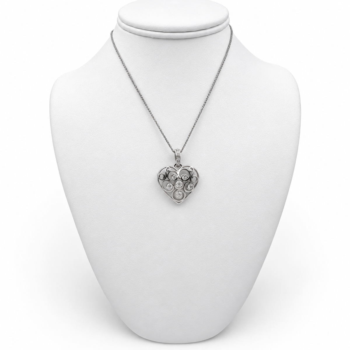18k White Gold Heart Pendant with 13 Diamonds and 26" Necklace.