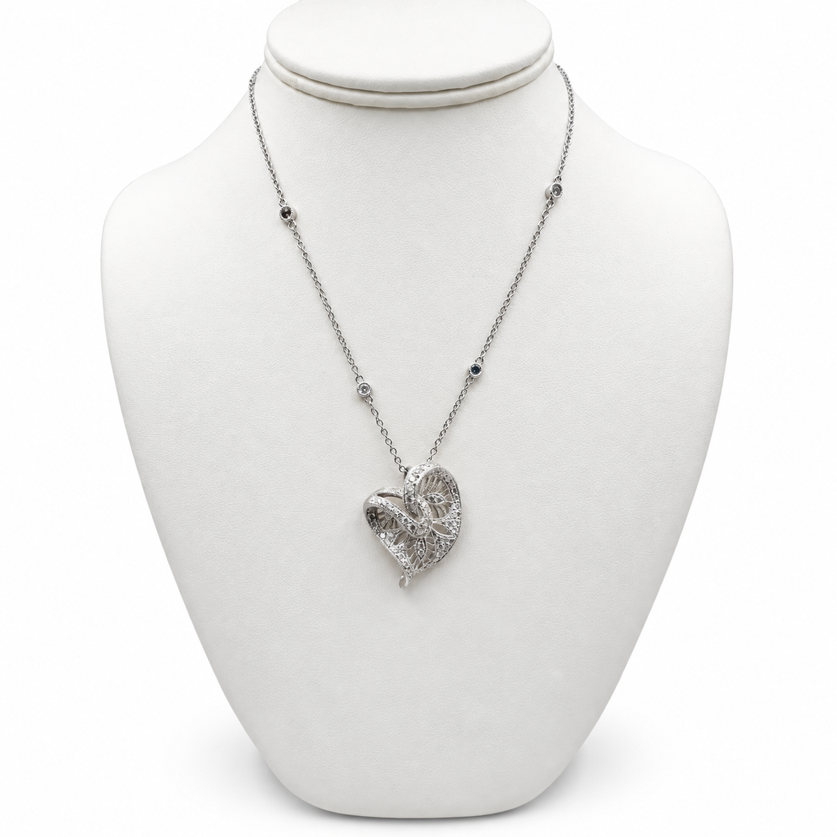 18k White Gold Heart Pendant with Diamonds and 15" Necklace.