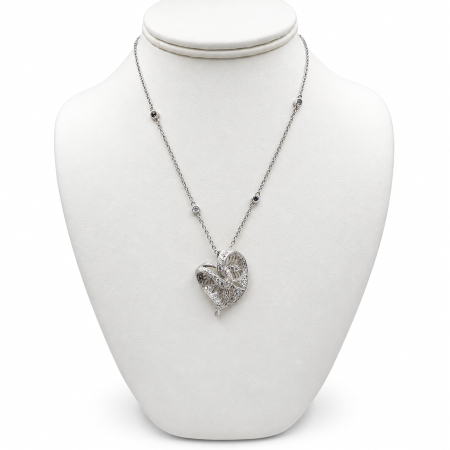 18k White Gold Heart Pendant with Diamonds and 15" Necklace.