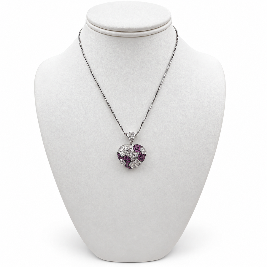 18k White Gold Heart Pendant  with Diamonds and Pink Sapphires 14" Necklace.