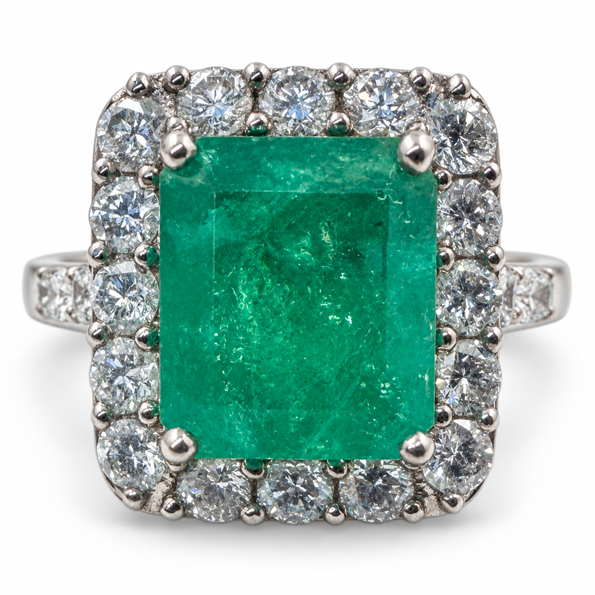 18k White Gold Ring with 4.63Ct. Emerald and Diamonds 1.91 Ct. (Size 6.25)