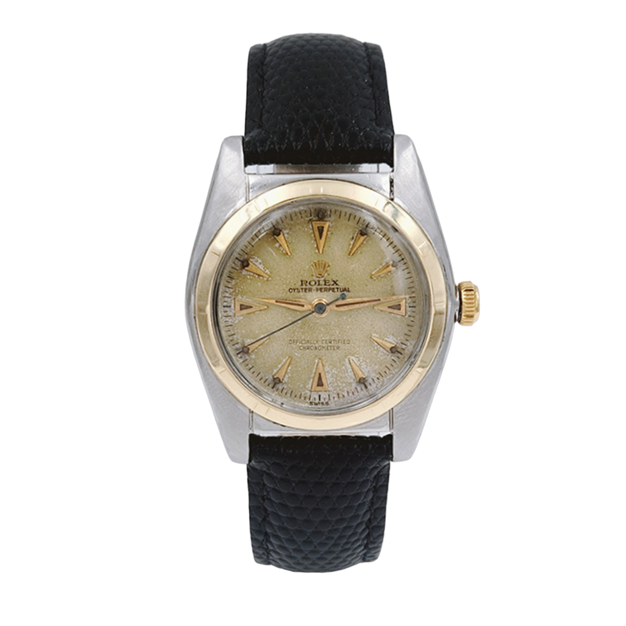 1957 Men's Rolex 32mm Bubbleback Vintage Oyster Perpetual Two Tone Watch with Black Leather Strap and Gold Dial. 5011