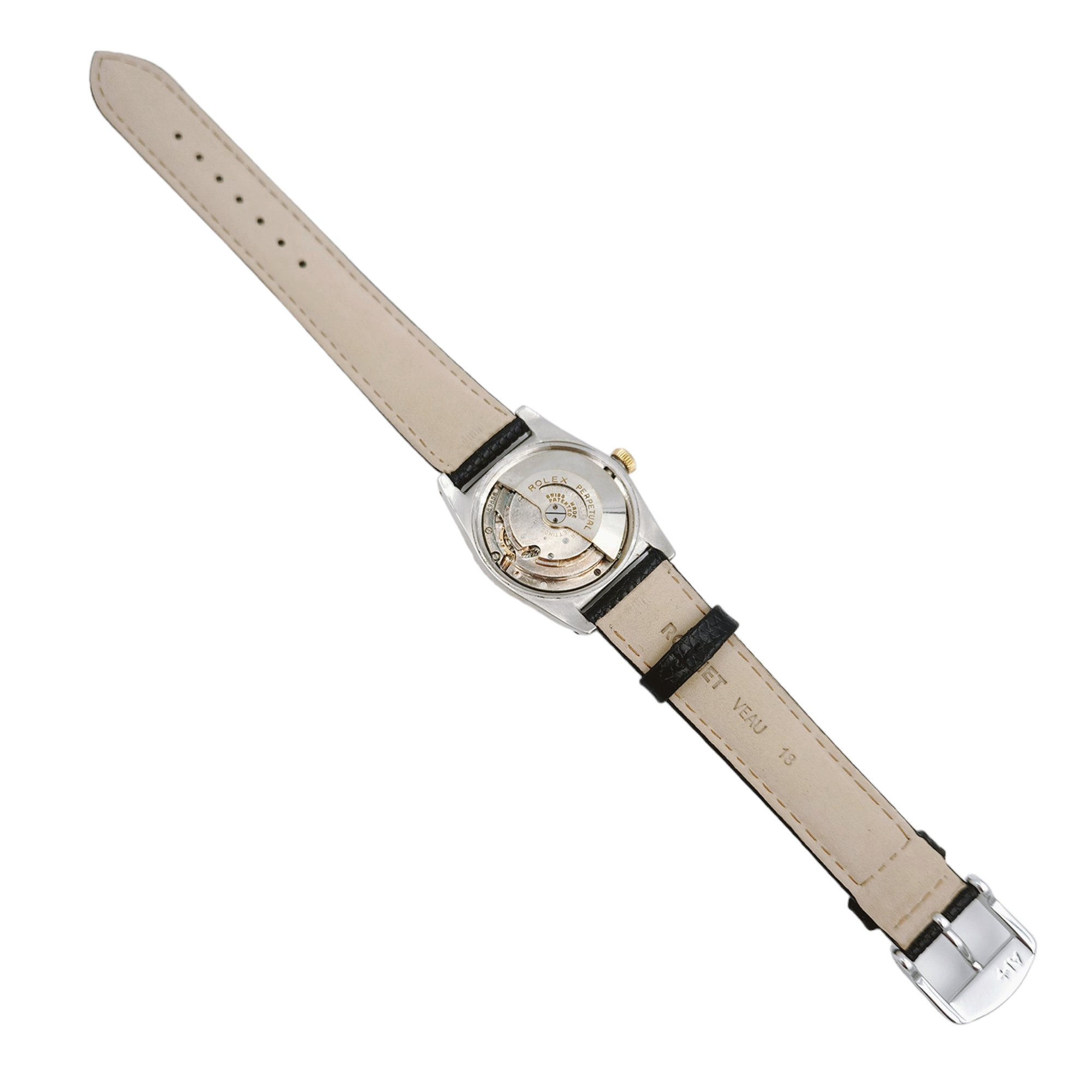 1957 Men's Rolex 32mm Bubbleback Vintage Oyster Perpetual Two Tone Watch with Black Leather Strap and Gold Dial. (Pre-Owned 5011)