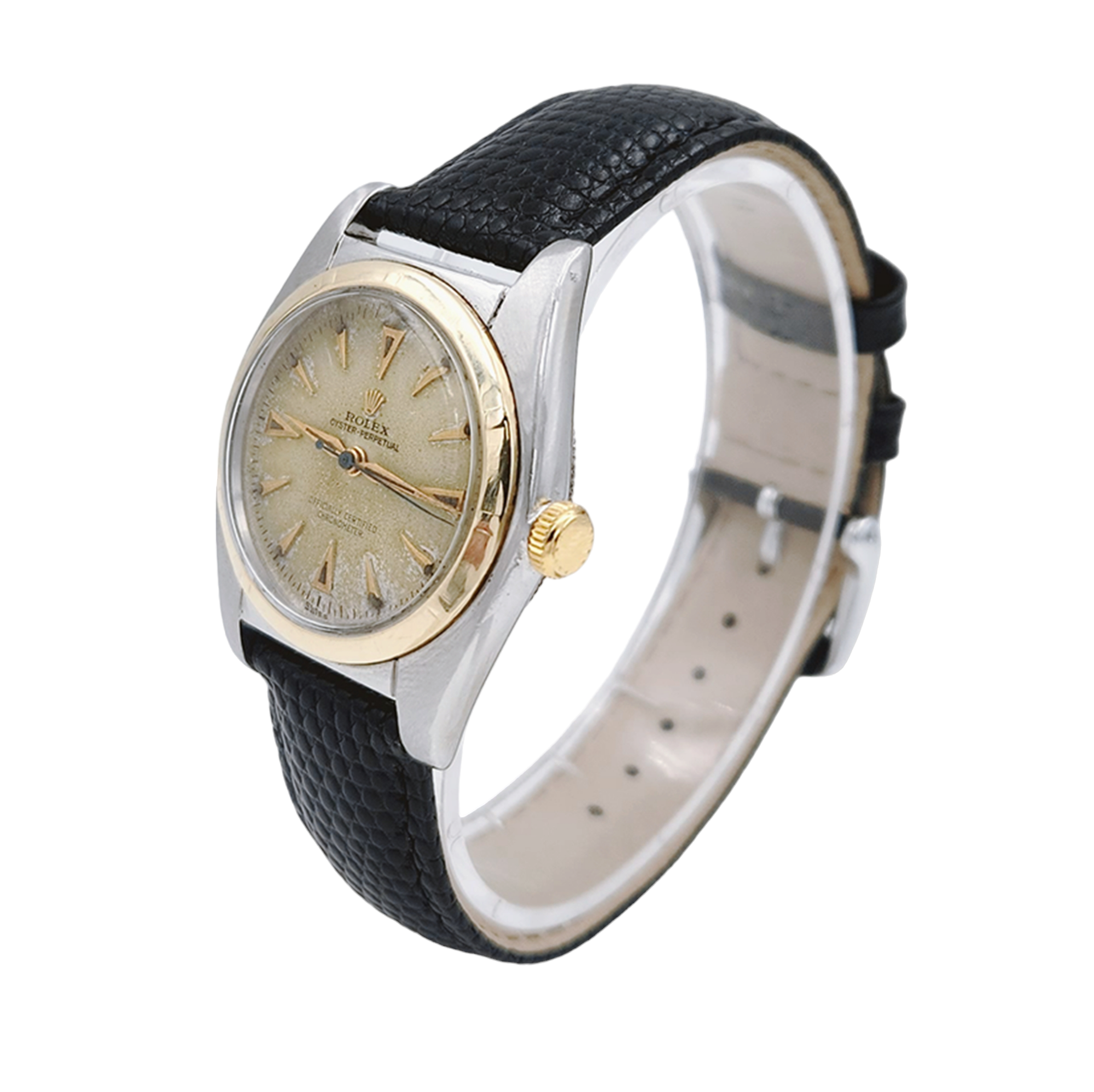 1957 Men's Rolex 32mm Bubbleback Vintage Oyster Perpetual Two Tone Watch with Black Leather Strap and Gold Dial. (Pre-Owned 5011)