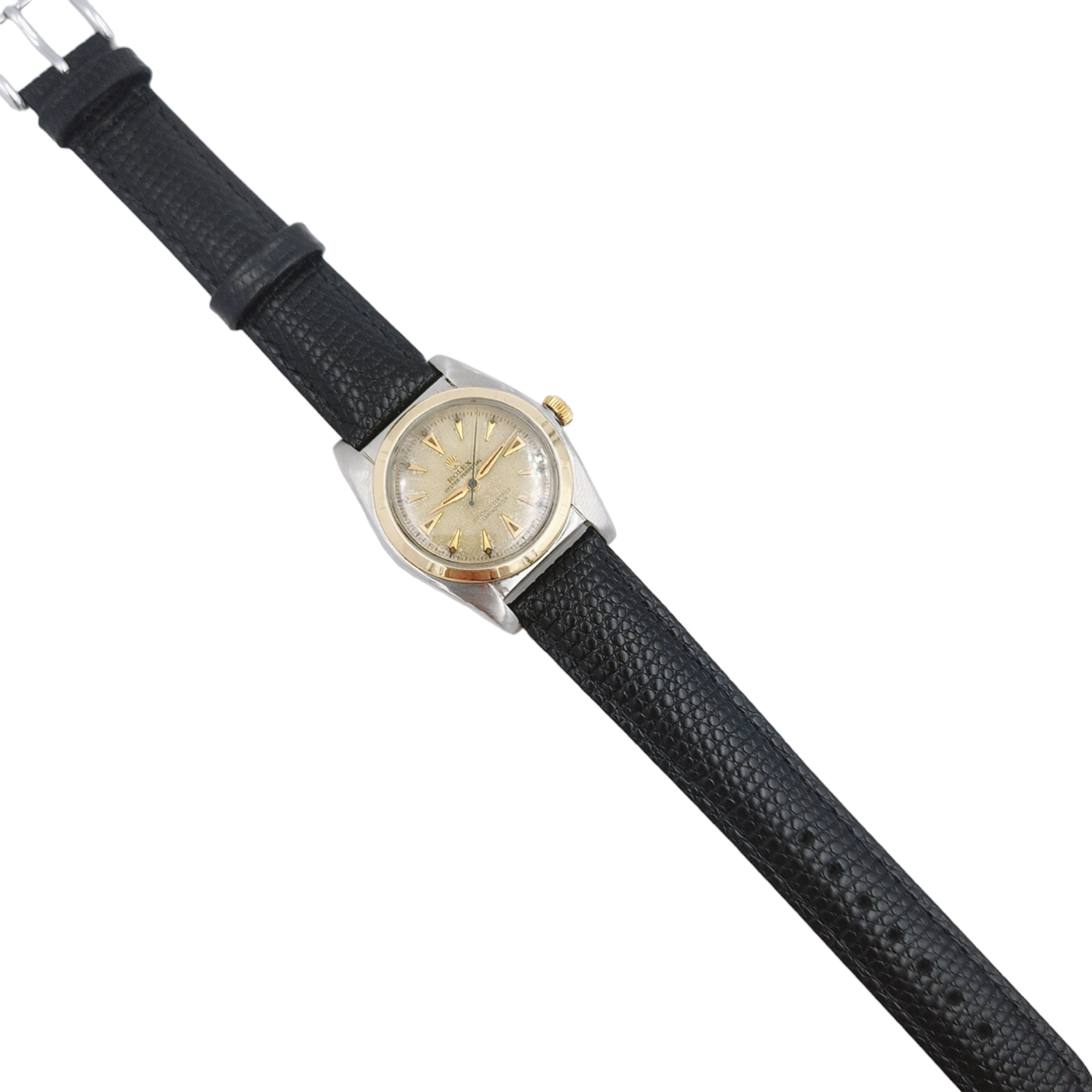 1957 Men's Rolex 32mm Bubbleback Vintage Oyster Perpetual Two Tone Watch with Black Leather Strap and Gold Dial. (Pre-Owned 5011)