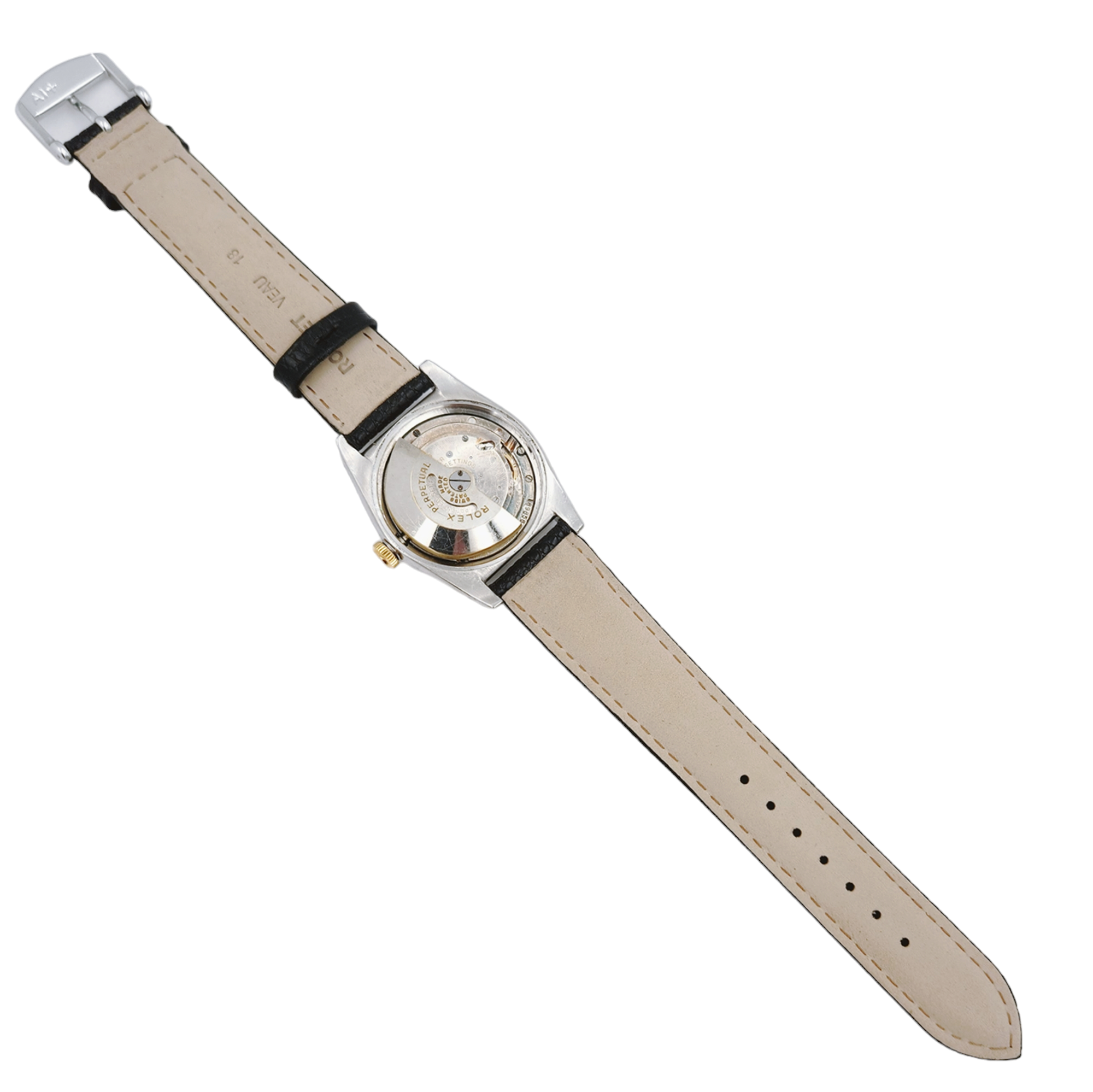 1957 Men's Rolex 32mm Bubbleback Vintage Oyster Perpetual Two Tone Watch with Black Leather Strap and Gold Dial. (Pre-Owned 5011)