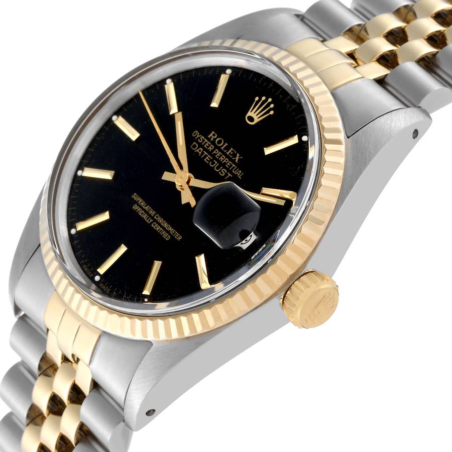 1986 Men's Rolex 36mm Vintage DateJust Two Tone 18K Yellow Gold / Stainless Steel Watch with Black Dial and Fluted Bezel. (Pre-Owned 16013)