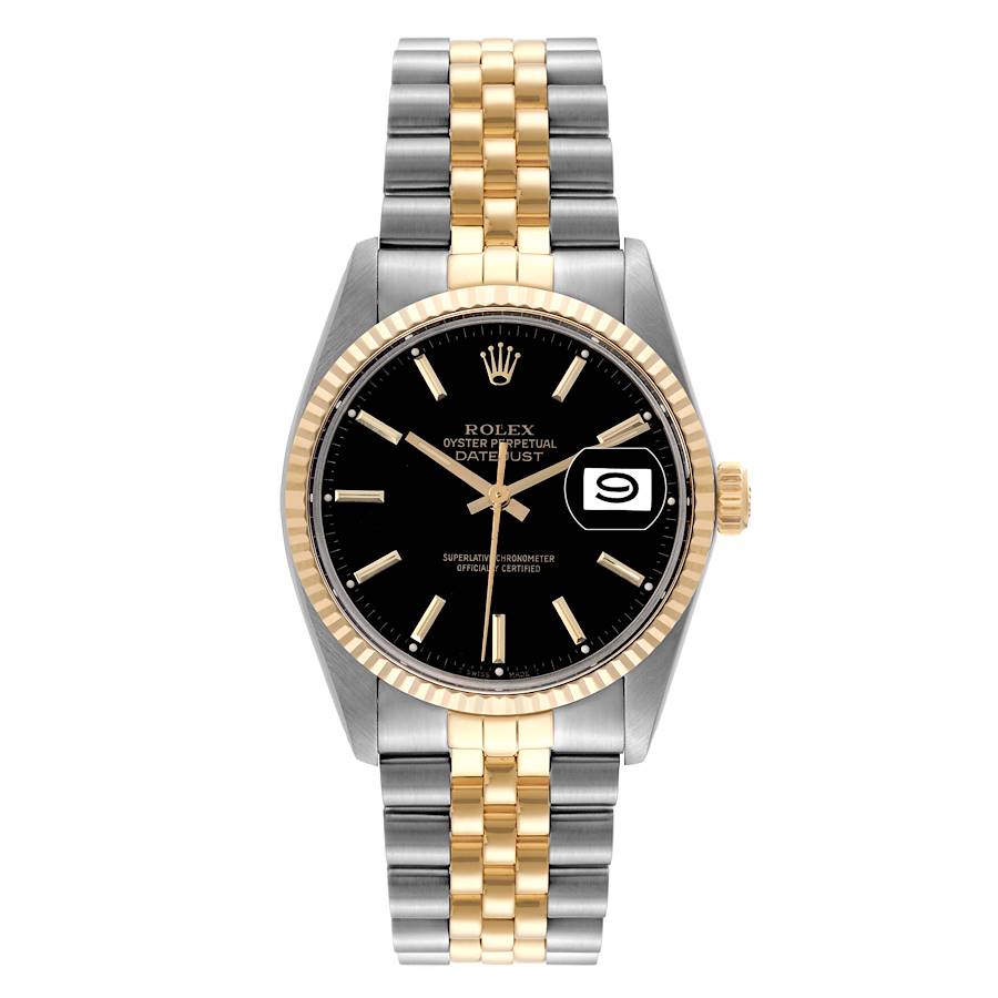 1986 Men's Rolex 36mm Vintage DateJust Two Tone 18K Yellow Gold / Stainless Steel Watch with Black Dial and Fluted Bezel. (Pre-Owned 16013)