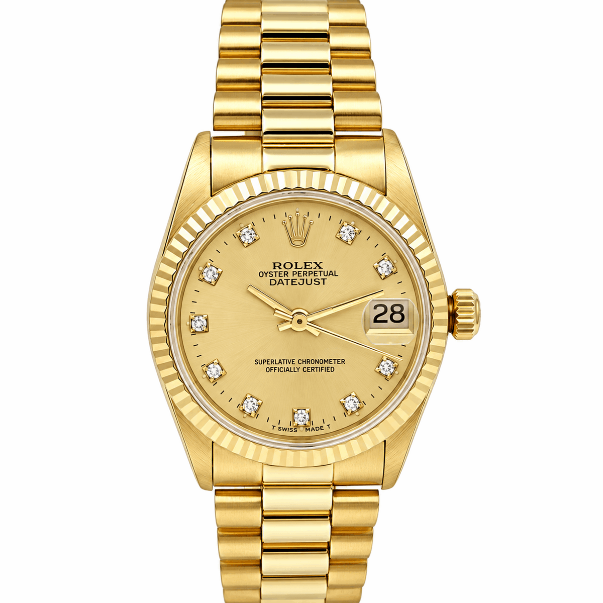 *1987 Ladies Rolex Midsize 31mm DateJust 18K Yellow Gold Watch with Diamond Champagne Dial and Fluted Bezel. (Pre-Owned 68278)