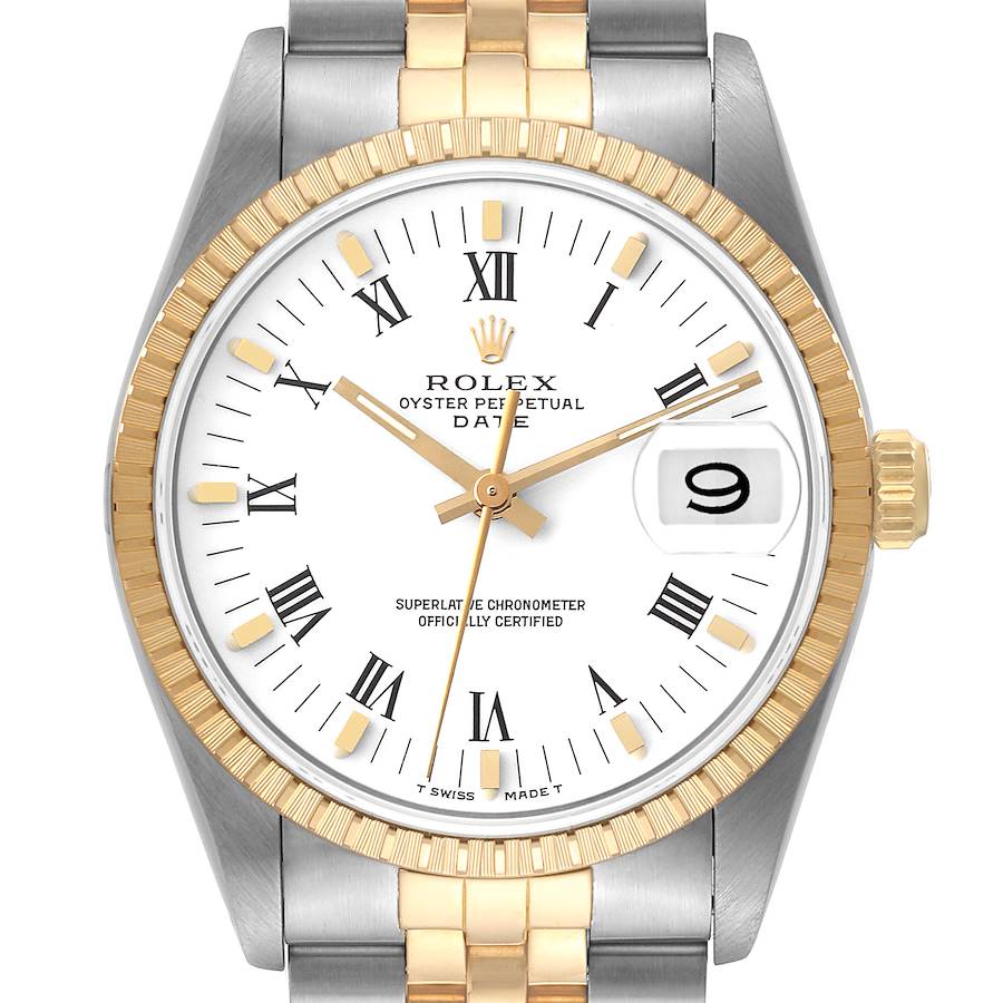 1990 Men's Rolex 34mm Date Two Tone 18K Yellow Gold / Stainless Steel Watch with White Dial and Fluted Bezel. (Pre-Owned 15223)