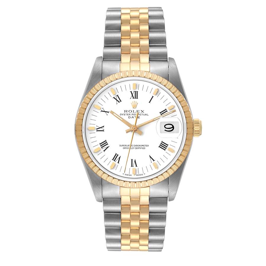 1990 Men's Rolex 34mm Date Two Tone 18K Yellow Gold / Stainless Steel Watch with White Dial and Fluted Bezel. (Pre-Owned 15223)