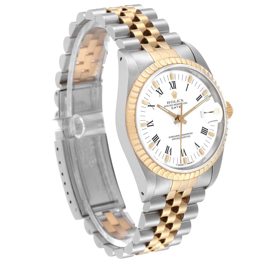 1990 Men's Rolex 34mm Date Two Tone 18K Yellow Gold / Stainless Steel Watch with White Dial and Fluted Bezel. (Pre-Owned 15223)