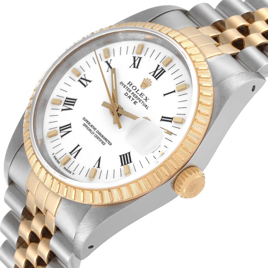 1990 Men's Rolex 34mm Date Two Tone 18K Yellow Gold / Stainless Steel Watch with White Dial and Fluted Bezel. (Pre-Owned 15223)