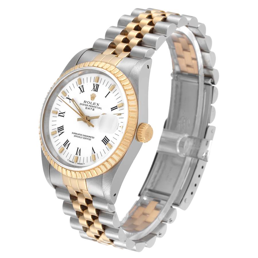 1990 Men's Rolex 34mm Date Two Tone 18K Yellow Gold / Stainless Steel Watch with White Dial and Fluted Bezel. (Pre-Owned 15223)