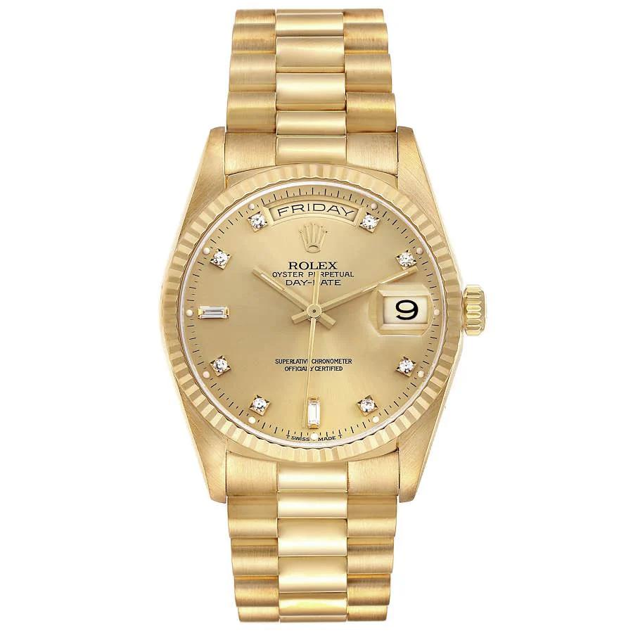 1990 Men's Rolex 36mm Day-Date Presidential 18K Yellow Gold Watch with Champagne Diamond Dial and Fluted Bezel. (Pre-Owned 18238)