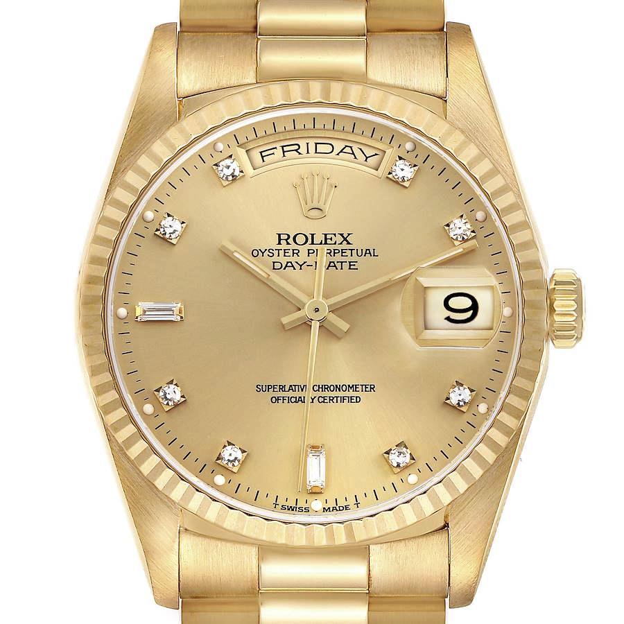 1990 Men's Rolex 36mm Day-Date Presidential 18K Yellow Gold Watch with Champagne Diamond Dial and Fluted Bezel. (Pre-Owned 18238)