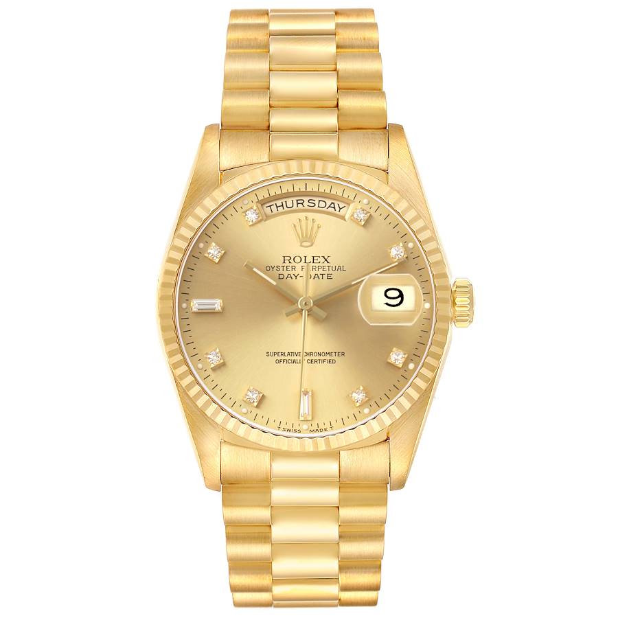 1990 Men's Rolex 36mm Day-Date Presidential 18K Yellow Watch with Champagne Diamond Dial and Fluted Bezel. (Pre-Owned 18238)