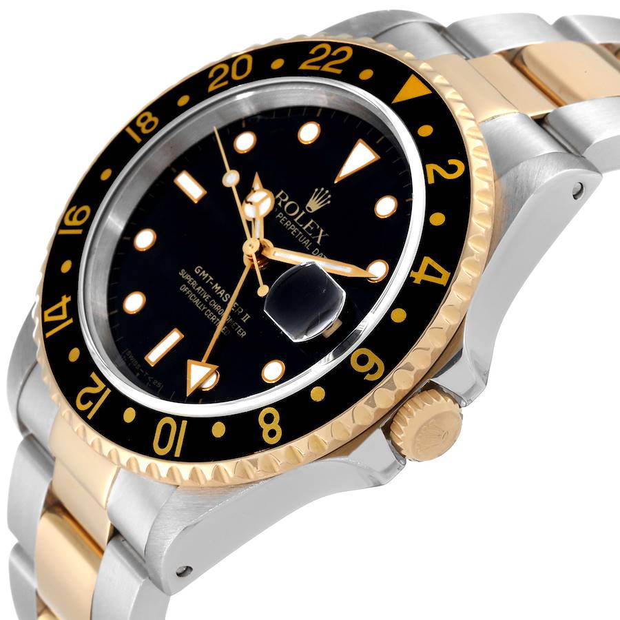 *1995 Men's Rolex 40mm GMT Master II Two Tone 18K Yellow Gold / Stainless Steel Watch with Black Bezel and Black Dial. (Pre-Owned 16713)