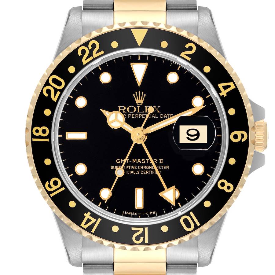 *1995 Men's Rolex 40mm GMT Master II Two Tone 18K Yellow Gold / Stainless Steel Watch with Black Bezel and Black Dial. (Pre-Owned 16713)