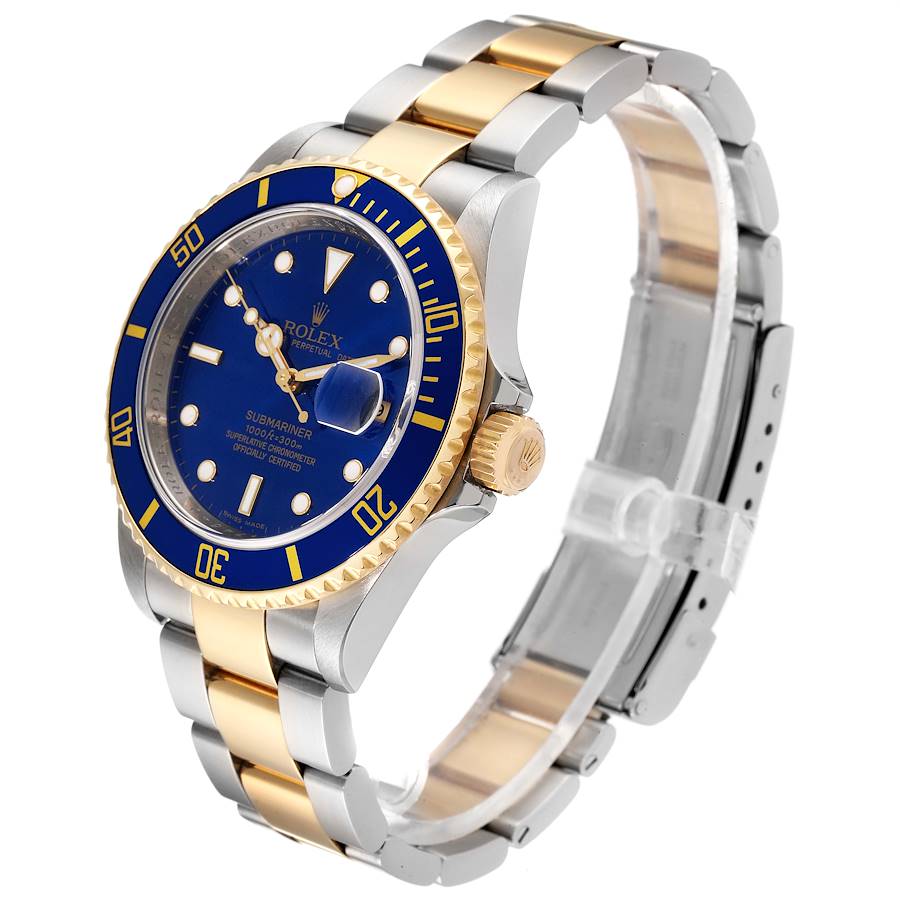 1996 Men's Rolex 40mm Submariner Oyster Perpetual Two Tone 18K Yellow Gold / Stainless Steel Watch with Blue Dial and Blue Bezel. (Pre-Owned 16613)