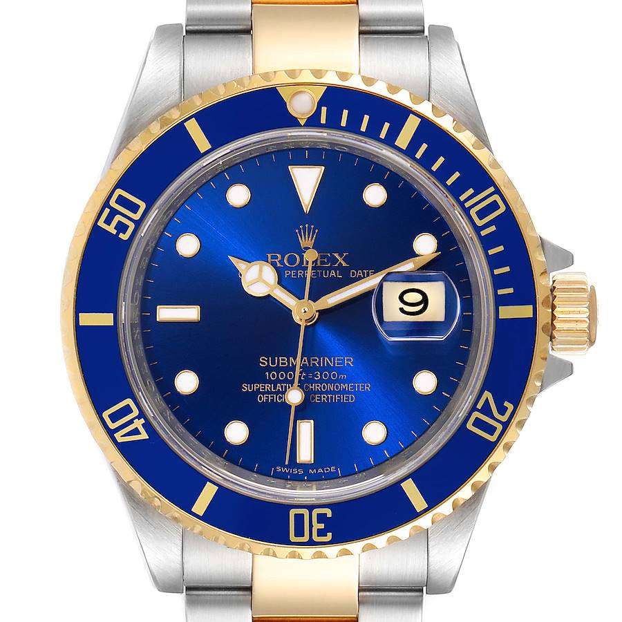 1996 Men's Rolex 40mm Submariner Oyster Perpetual Two Tone 18K Yellow Gold / Stainless Steel Watch with Blue Dial and Blue Bezel. (Pre-Owned 16613)