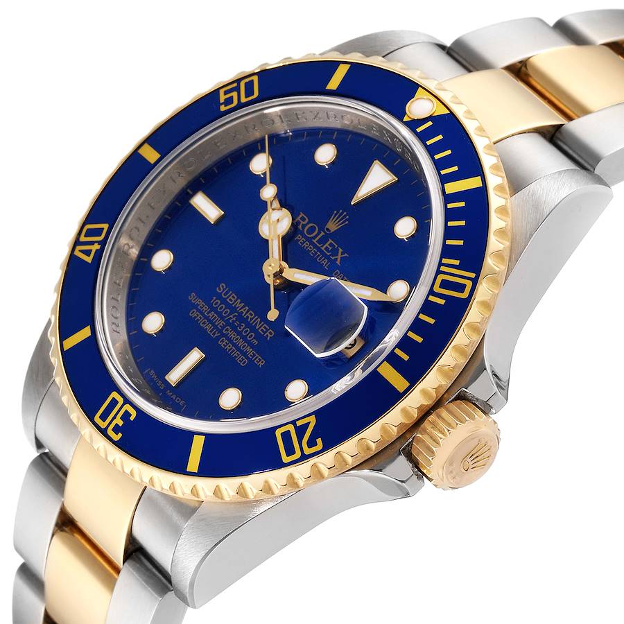 1996 Men's Rolex 40mm Submariner Oyster Perpetual Two Tone 18K Yellow Gold / Stainless Steel Watch with Blue Dial and Blue Bezel. (Pre-Owned 16613)