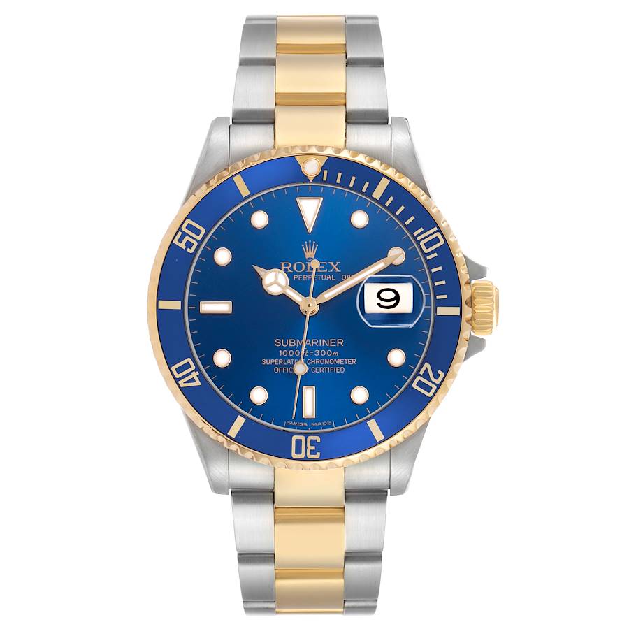 2003 Men's Rolex Submariner 40mm Two Tone Oyster Perpetual 18K Yellow Gold / Stainless Steel Watch with Blue Dial and Blue Bezel. (Pre-Owned 16613)