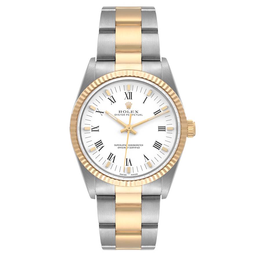 *2005 Men's Rolex 34mm Oyster Perpetual Two Tone 18K Yellow Gold / Stainless Steel Watch with White Roman Numeral Dial and Fluted Bezel. (UNWORN Box/Paper 14233M)