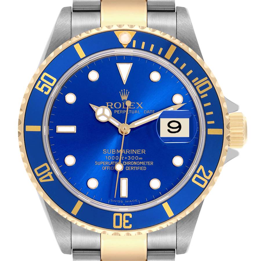 2005 Men's Rolex 40mm Submariner Oyster Perpetual Two Tone 18K Yellow Gold / Stainless Steel Watch with Blue Dial and Blue Bezel. (UNWORN 16613)
