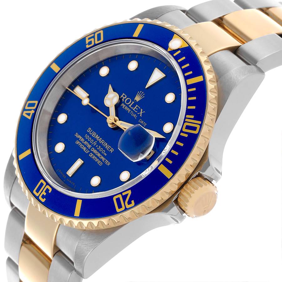 2005 Men's Rolex 40mm Submariner Oyster Perpetual Two Tone 18K Yellow Gold / Stainless Steel Watch with Blue Dial and Blue Bezel. (UNWORN 16613)