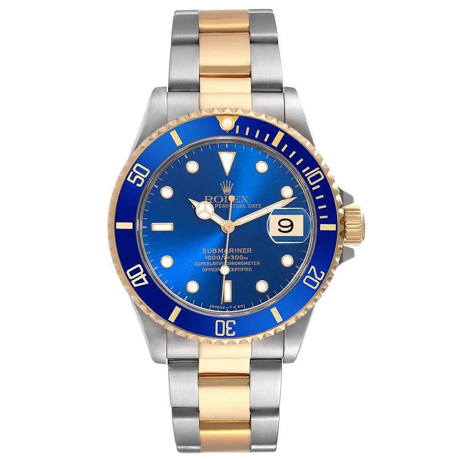 2006 Men's Rolex 40mm Submariner Oyster Perpetual Two Tone 18K Yellow Gold / Stainless Steel Watch with Blue Dial and Blue Bezel. (Pre-Owned 16613)