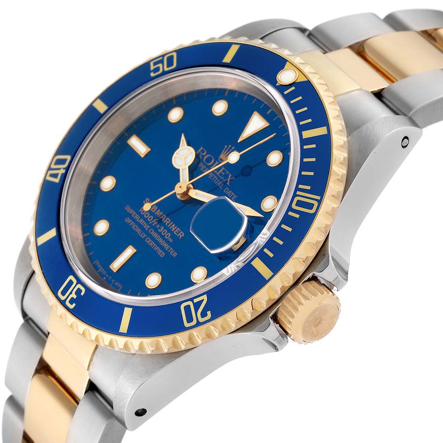 2006 Men's Rolex 40mm Submariner Oyster Perpetual Two Tone 18K Yellow Gold / Stainless Steel Watch with Blue Dial and Blue Bezel. (Pre-Owned 16613)