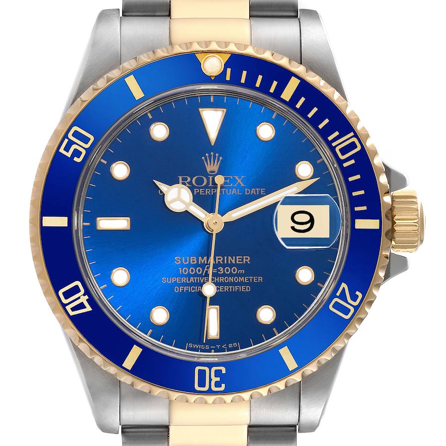 2006 Men's Rolex 40mm Submariner Oyster Perpetual Two Tone 18K Yellow Gold / Stainless Steel Watch with Blue Dial and Blue Bezel. (Pre-Owned 16613)