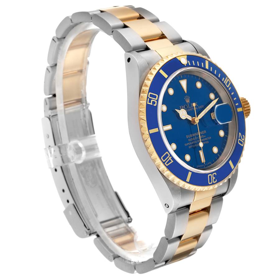 2006 Men's Rolex 40mm Submariner Oyster Perpetual Two Tone 18K Yellow Gold / Stainless Steel Watch with Blue Dial and Blue Bezel. (Pre-Owned 16613)