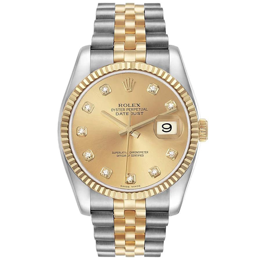 2006 Men's Rolex DateJust 36mm Two Tone 18K Yellow Gold / Stainless Steel Watch with Champagne Diamond Dial and Fluted Bezel. (Pre-Owned 116233)