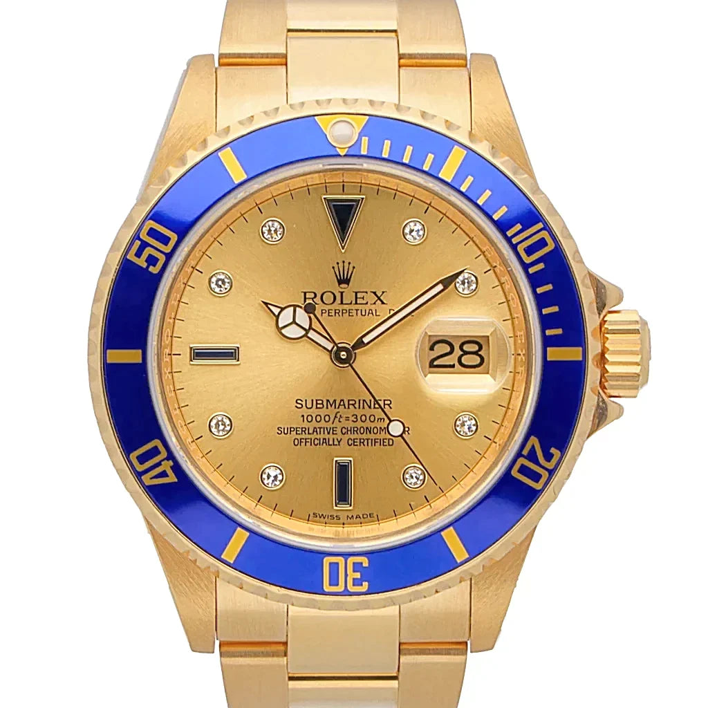 2007 Men's Rolex 40mm Submariner Oyster Perpetual 18K Yellow Gold Watch with Champagne Diamond Dial and Blue Bezel. 16618