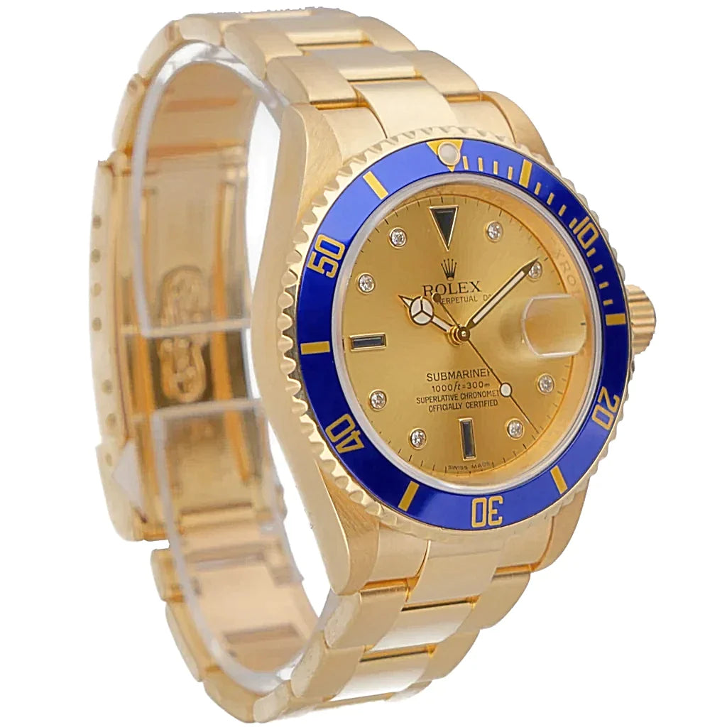 2007 Men's Rolex 40mm Submariner Oyster Perpetual 18K Yellow Gold Watch with Champagne Diamond Dial and Blue Bezel. (Pre-Owned 16618)