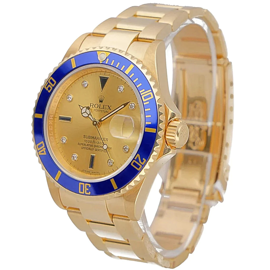 2007 Men's Rolex 40mm Submariner Oyster Perpetual 18K Yellow Gold Watch with Champagne Diamond Dial and Blue Bezel. (Pre-Owned 16618)