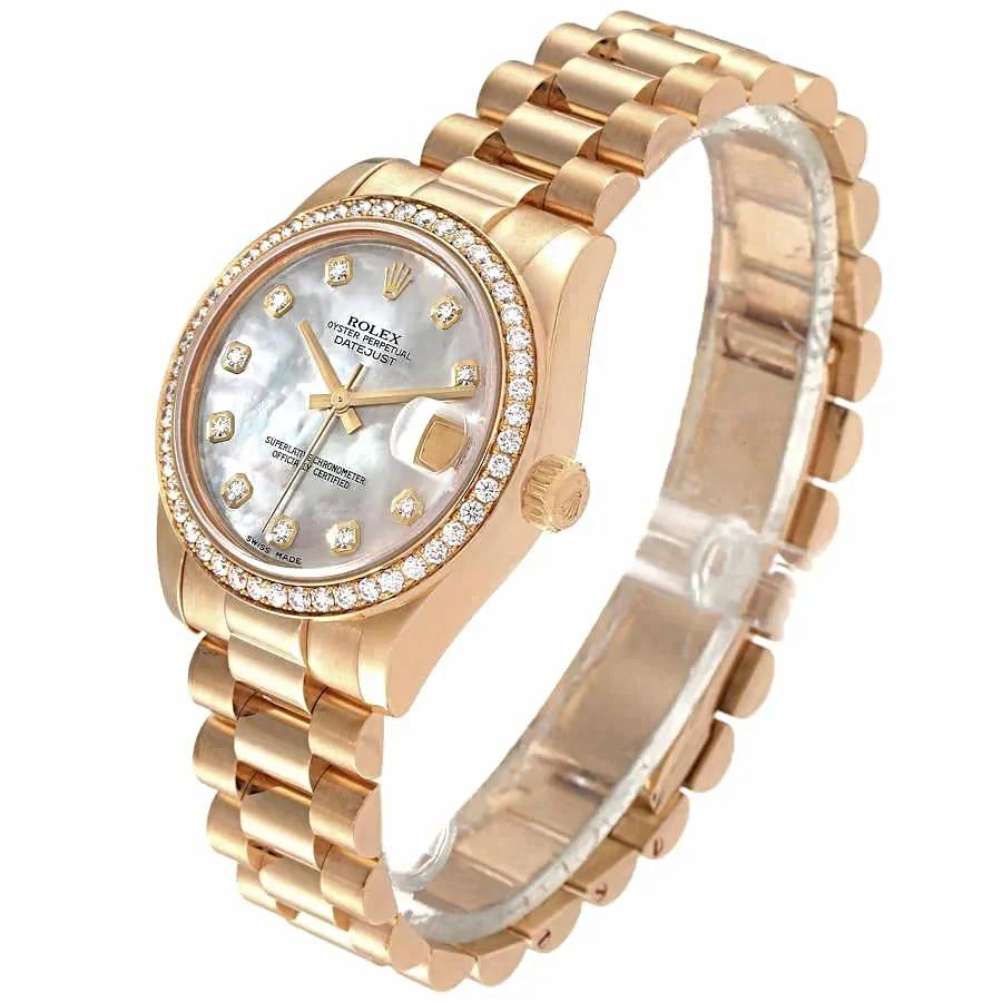 2010 Ladies Rolex 31mm Midsize Presidential 18K Solid Yellow Gold Watch with Mother of Pearl Diamond Dial and Diamond Bezel. (Pre-Owned 178288)