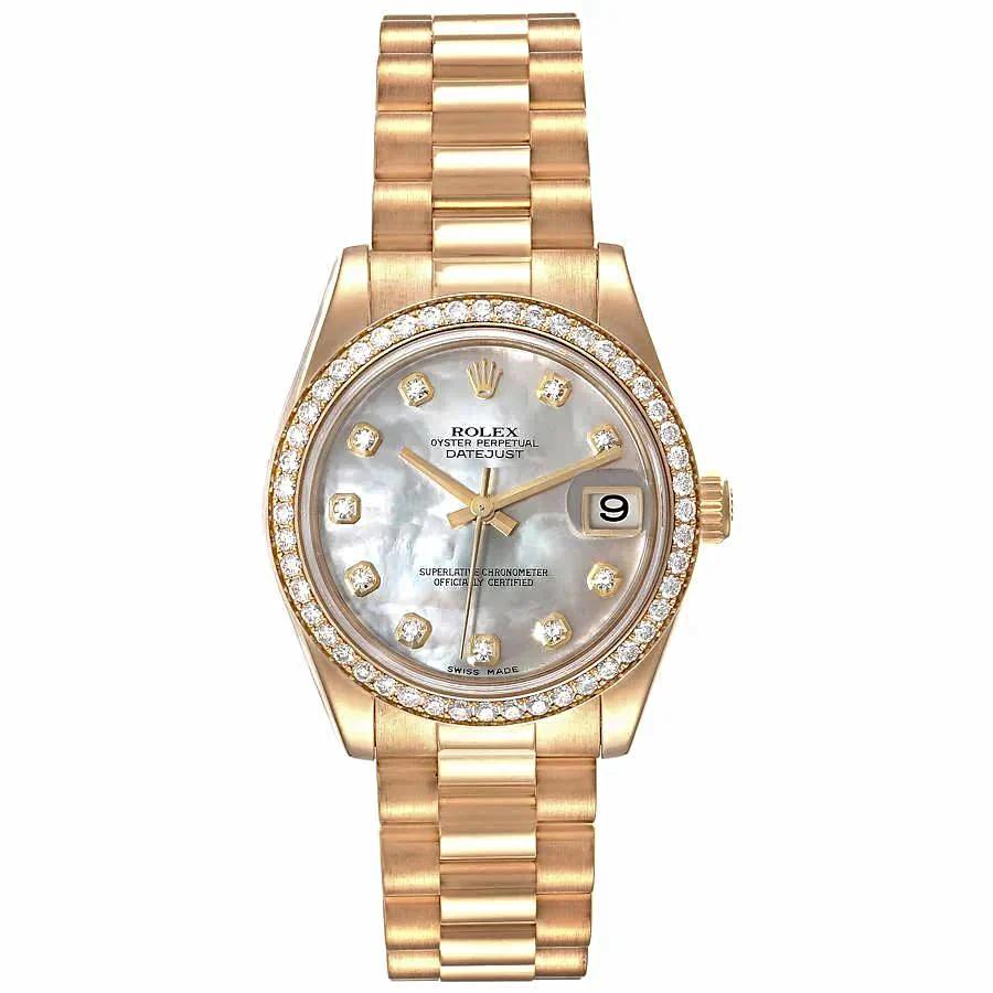 2010 Ladies Rolex 31mm Midsize Presidential 18K Solid Yellow Gold Watch with Mother of Pearl Diamond Dial and Diamond Bezel. (Pre-Owned 178288)