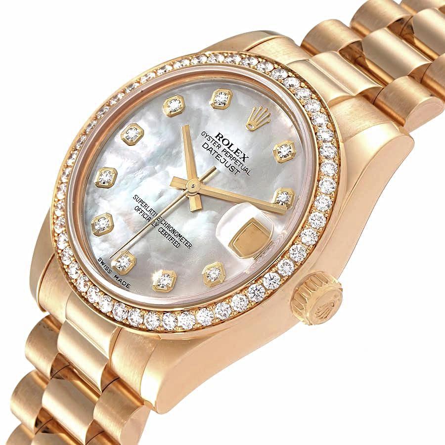 2010 Ladies Rolex 31mm Midsize Presidential 18K Solid Yellow Gold Watch with Mother of Pearl Diamond Dial and Diamond Bezel. (Pre-Owned 178288)