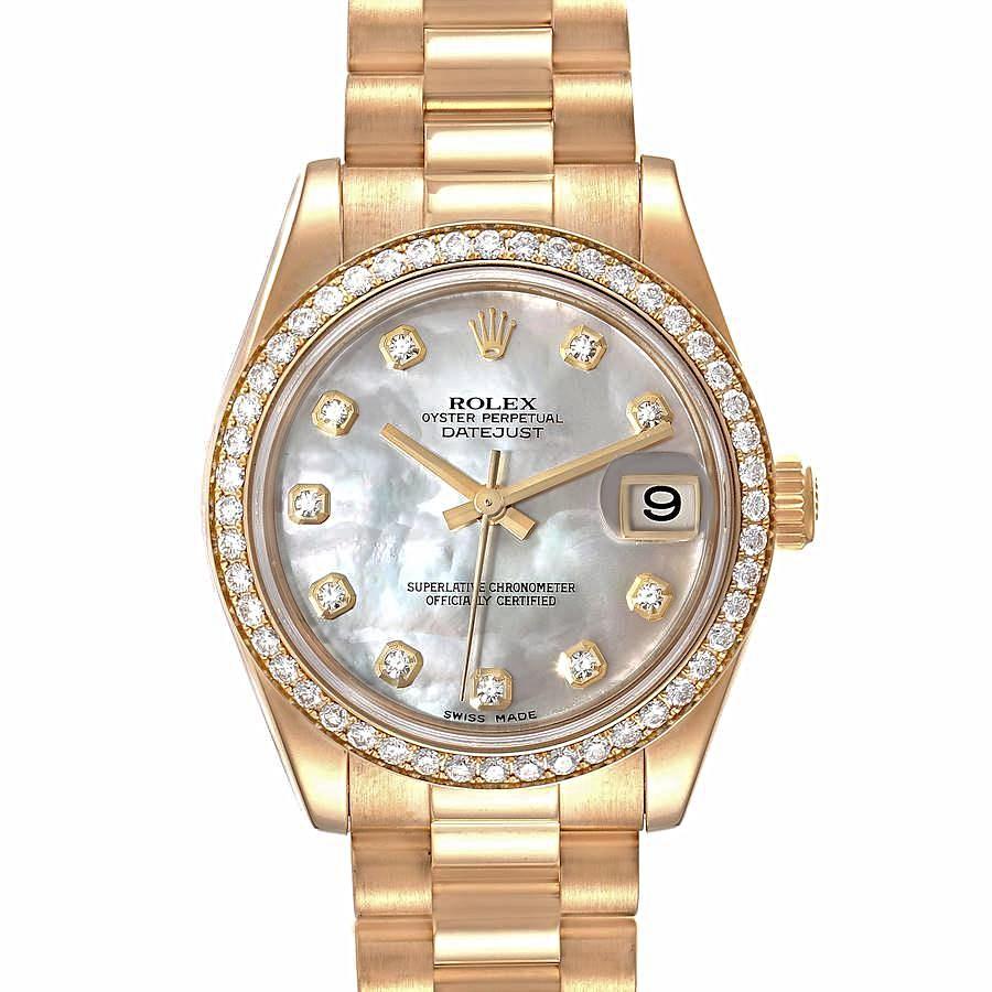 2010 Ladies Rolex 31mm Midsize Presidential 18K Solid Yellow Gold Watch with Mother of Pearl Diamond Dial and Diamond Bezel. (Pre-Owned 178288)